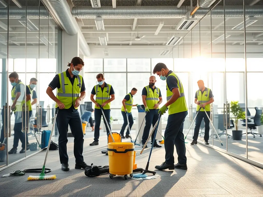 A team of cleaners performing deep cleaning in a large office space.