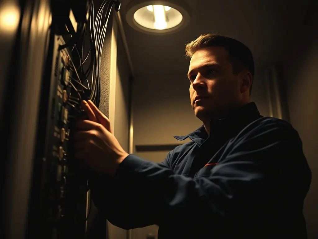 A technician performing a minor repair on a building's electrical system.