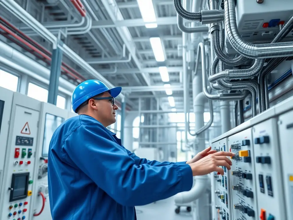 A maintenance worker checking technical systems inside a modern building.
