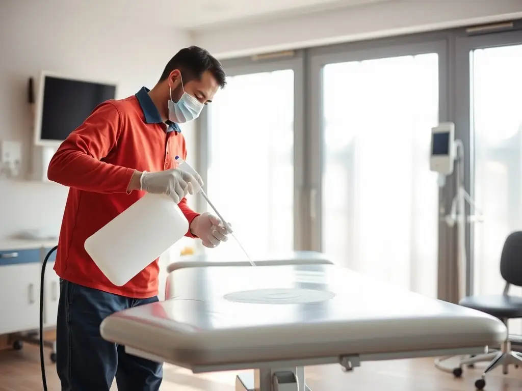 A professional cleaner using disinfectant spray on a medical examination table in a clinic.