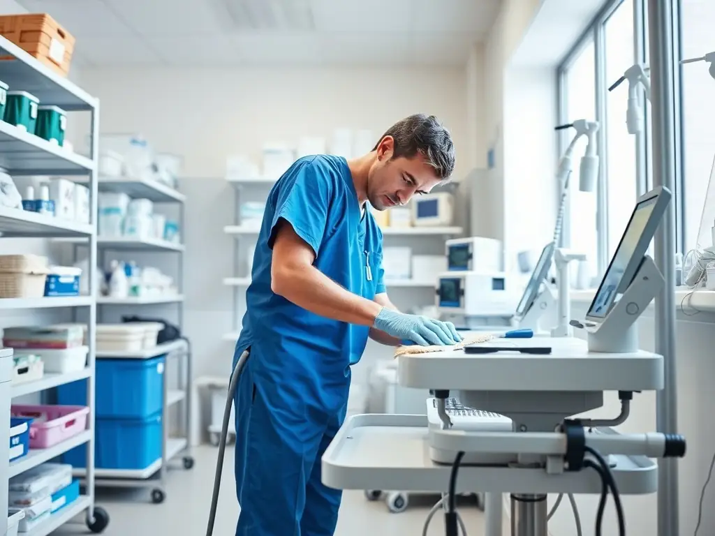 A cleaner in blue scrubs cleaning medical equipment in a bright healthcare facility.